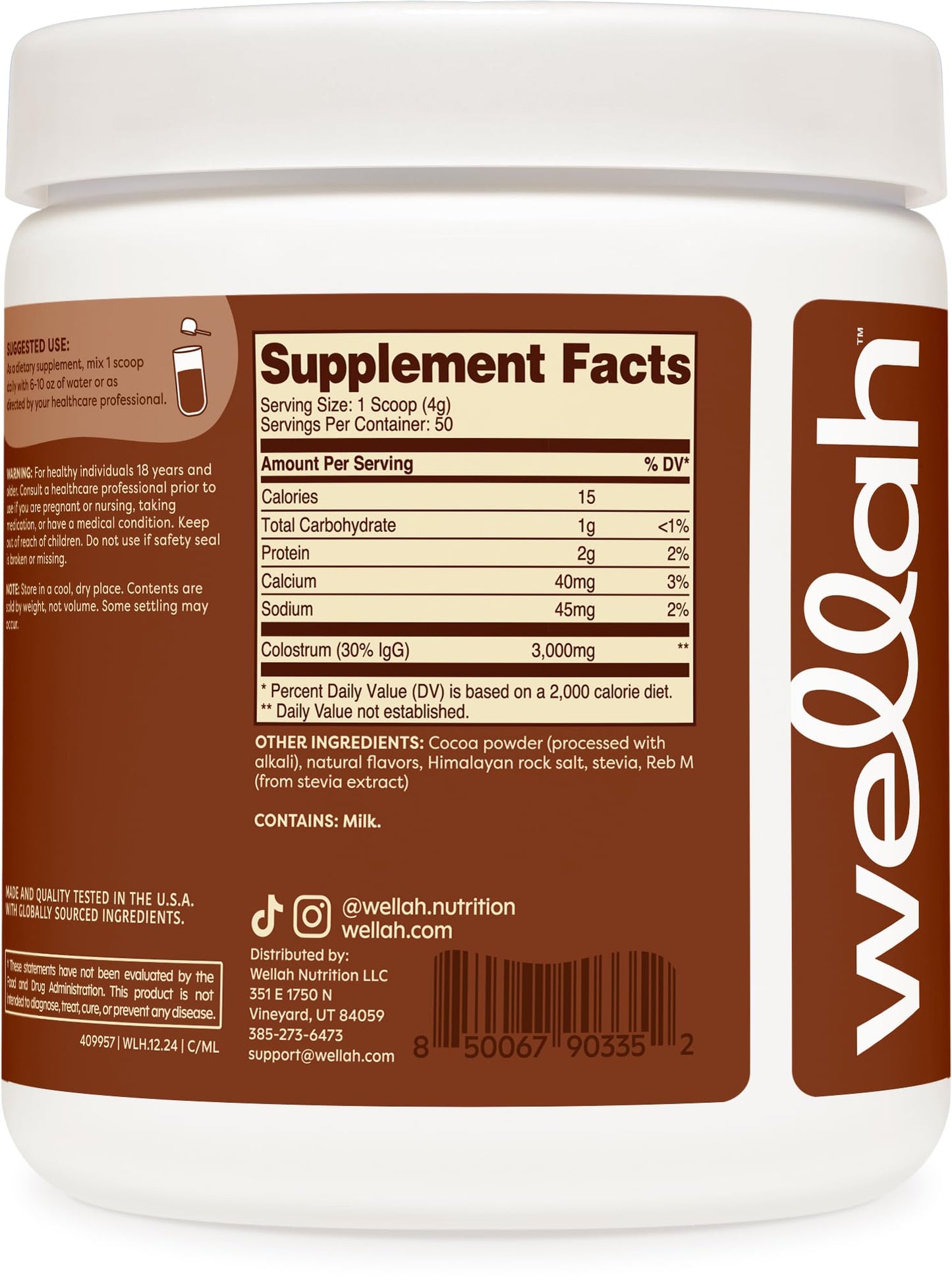 Wellah Colostrum Mocha Latte - 50 Servings, 3g Per Serving, Stevia-Sweetened