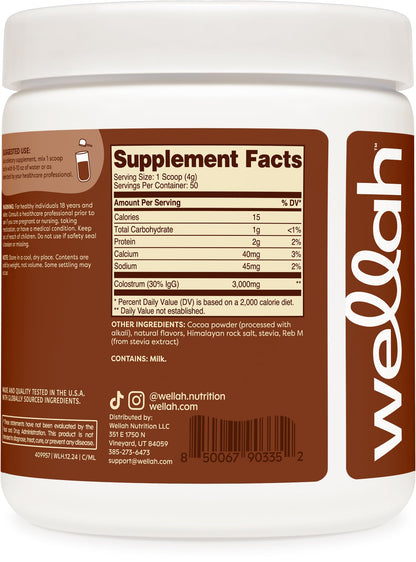 Wellah Colostrum Mocha Latte - 50 Servings, 3g Per Serving, Stevia-Sweetened