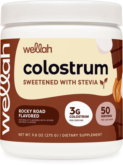 Wellah Colostrum Rocky Road Flavored (50 Servings) – 3g Colostrum Per Serving, Stevia-Sweetened Dietary Supplement