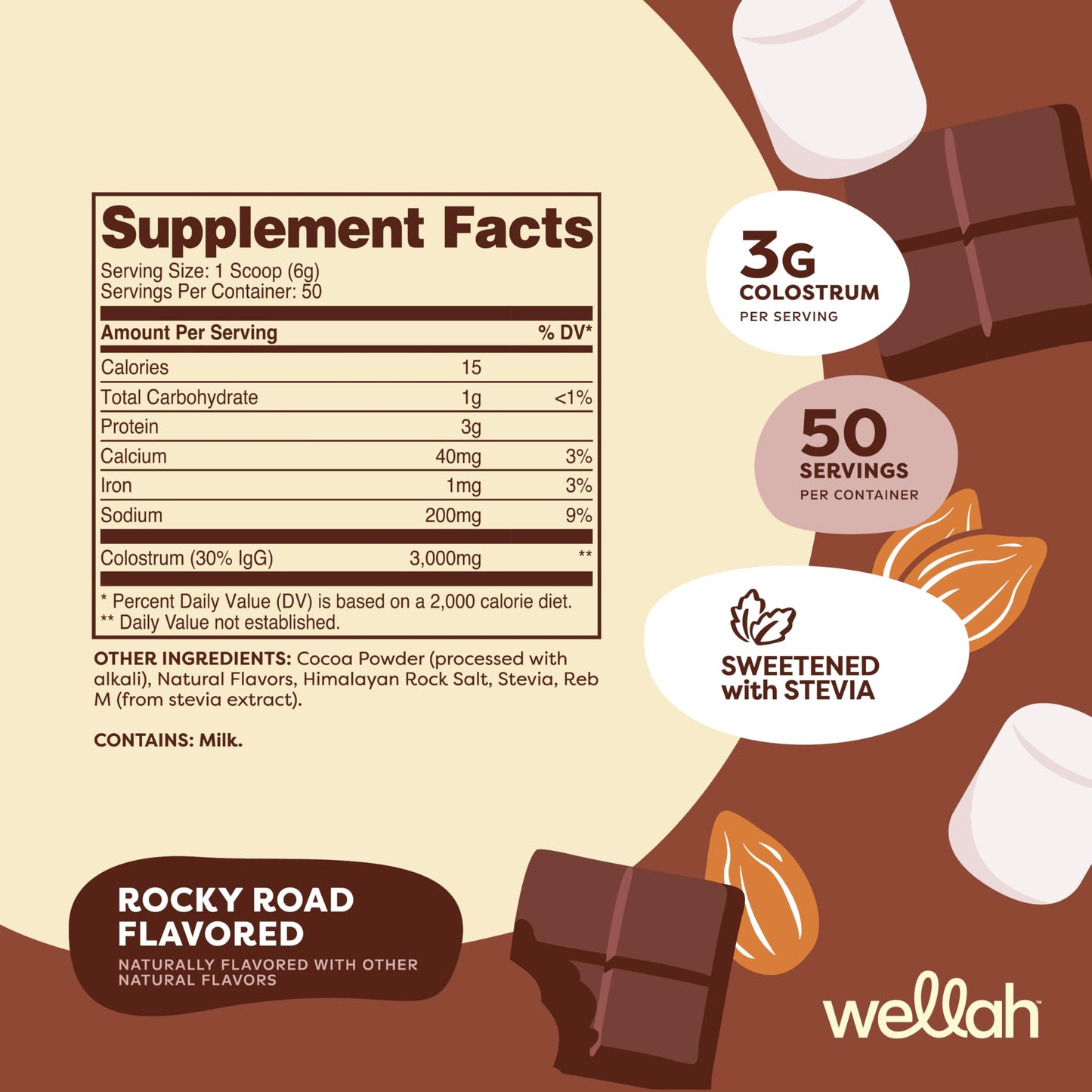 Wellah Colostrum Rocky Road Flavored (50 Servings) – 3g Colostrum Per Serving, Stevia-Sweetened Dietary Supplement