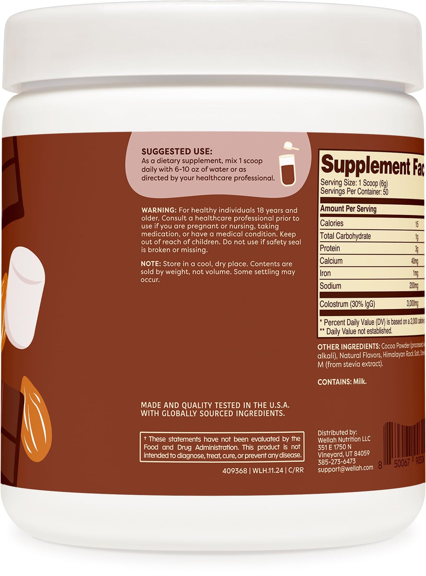 Wellah Colostrum Rocky Road Flavored (50 Servings) – 3g Colostrum Per Serving, Stevia-Sweetened Dietary Supplement