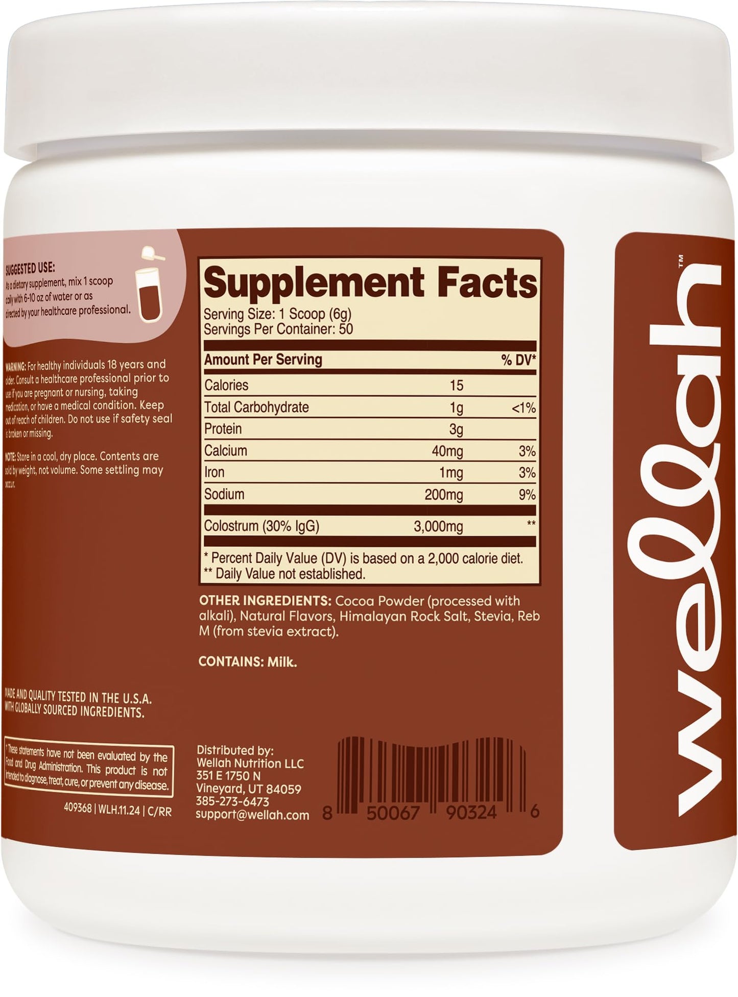 Wellah Colostrum Rocky Road Flavored (50 Servings) – 3g Colostrum Per Serving, Stevia-Sweetened Dietary Supplement