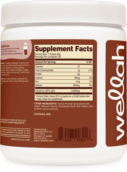 Wellah Colostrum Rocky Road Flavored (50 Servings) – 3g Colostrum Per Serving, Stevia-Sweetened Dietary Supplement