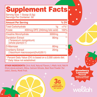 Wellah Creatine for Women – 50 Servings, Strawberry Lemonade | Creatine Monohydrate + Dandelion & Cranberry