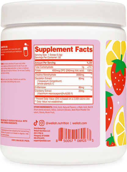 Wellah Creatine for Women – 50 Servings, Strawberry Lemonade | Creatine Monohydrate + Dandelion & Cranberry