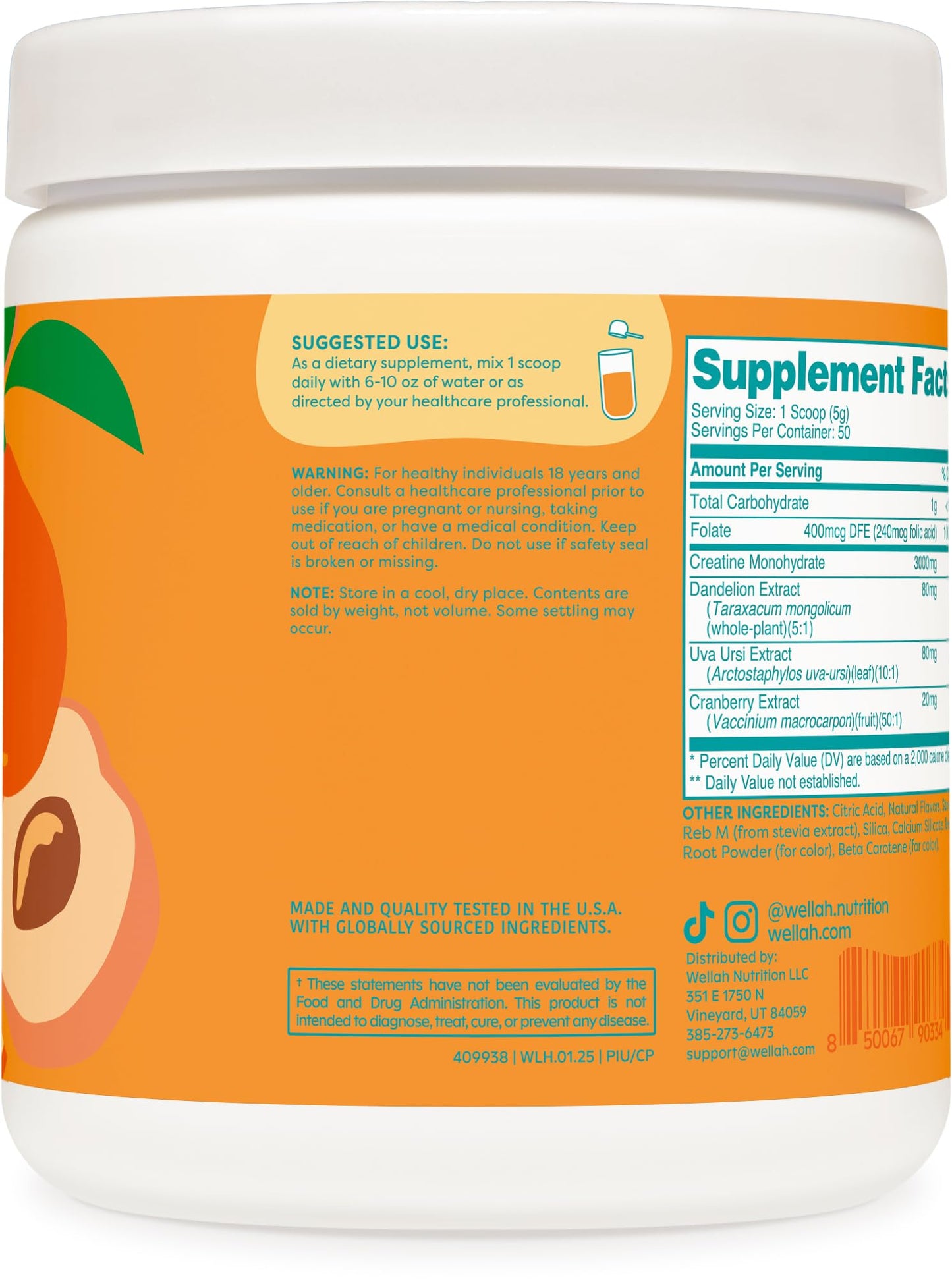 Wellah Creatine for Women – 50 Servings Clementine Peach | Creatine Monohydrate with Dandelion & Cranberry Extract