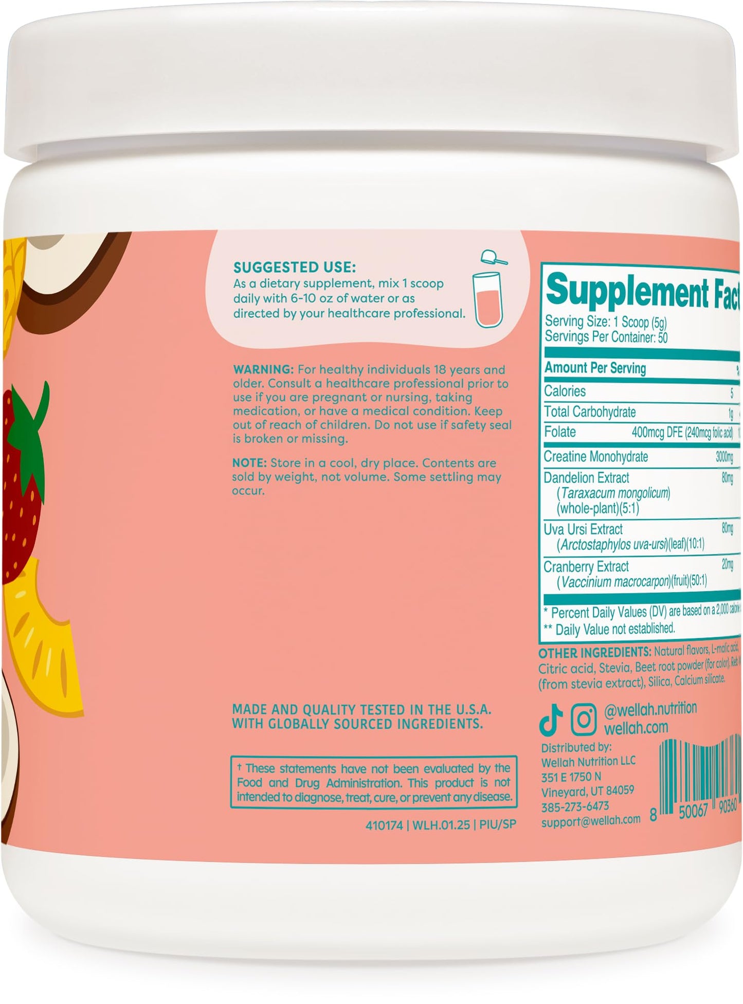 Wellah Creatine for Women – 50 Servings, Strawberry Pina Colada