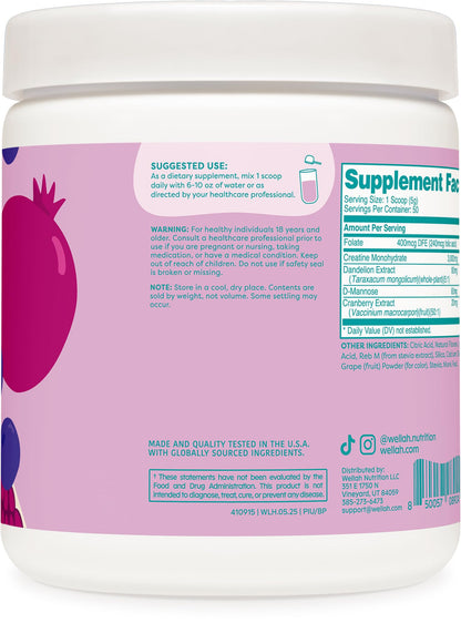 Wellah Creatine for Women - 50 Servings (Blueberry Pomegranate) | Creatine Monohydrate with Dandelion & Cranberry Extract