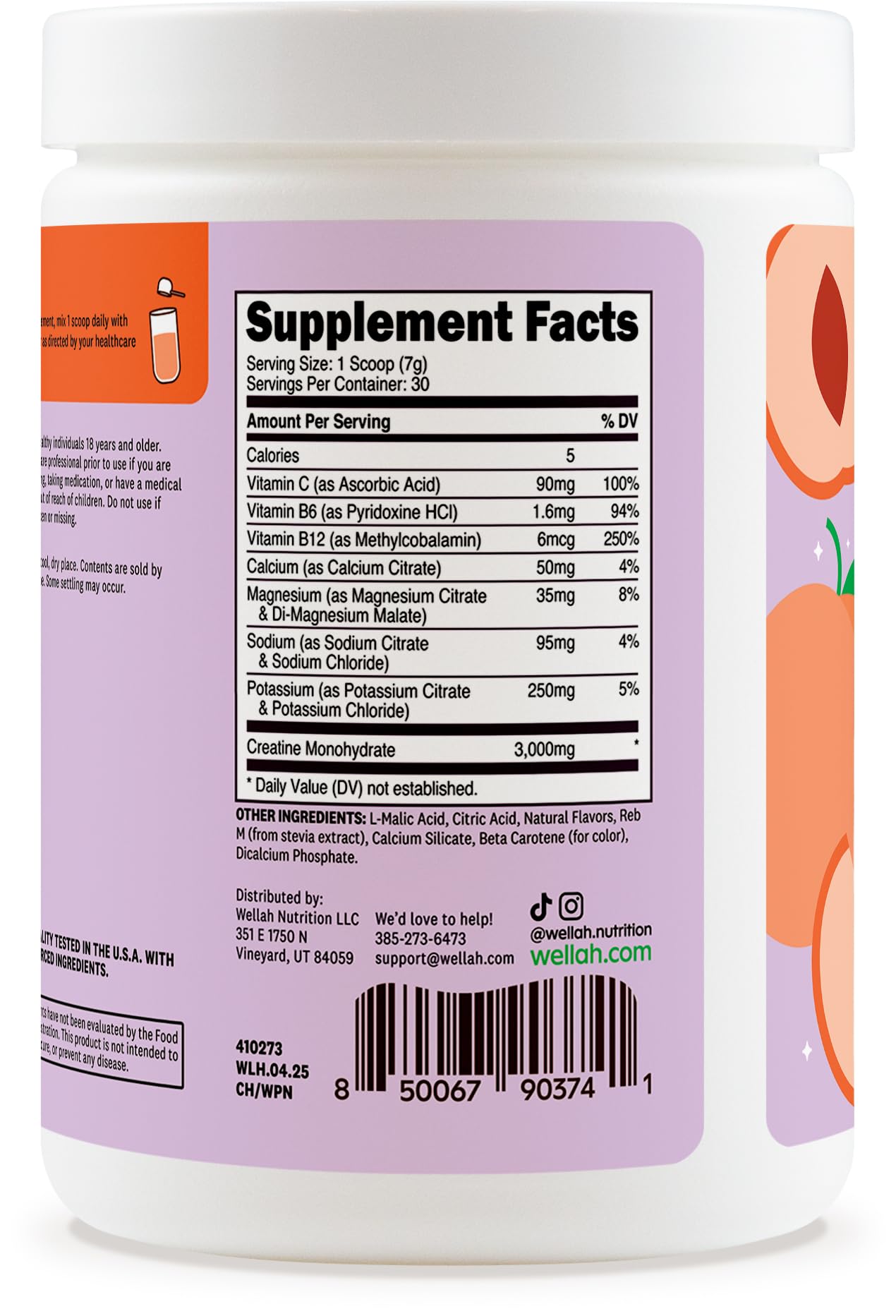 Wellah Creatine + Hydration Powder (White Peach Nectarine) 30 Servings – Electrolyte Drink Mix with 3g Creatine Monohydrate