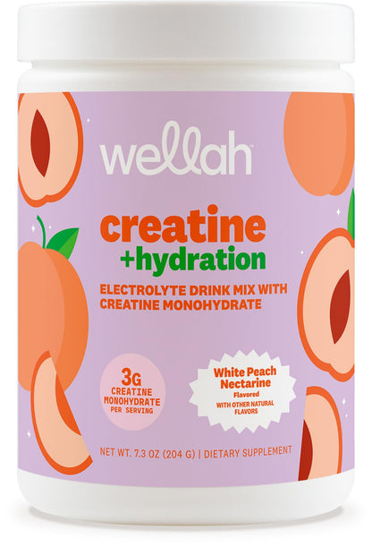 Wellah Creatine + Hydration Powder (White Peach Nectarine) 30 Servings – Electrolyte Drink Mix with 3g Creatine Monohydrate