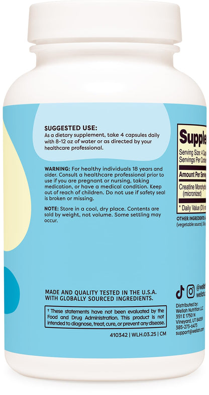 Wellah Creatine Monohydrate Capsules (3000 mg) - 120 Capsules | Micronized Creatine, 30 Servings