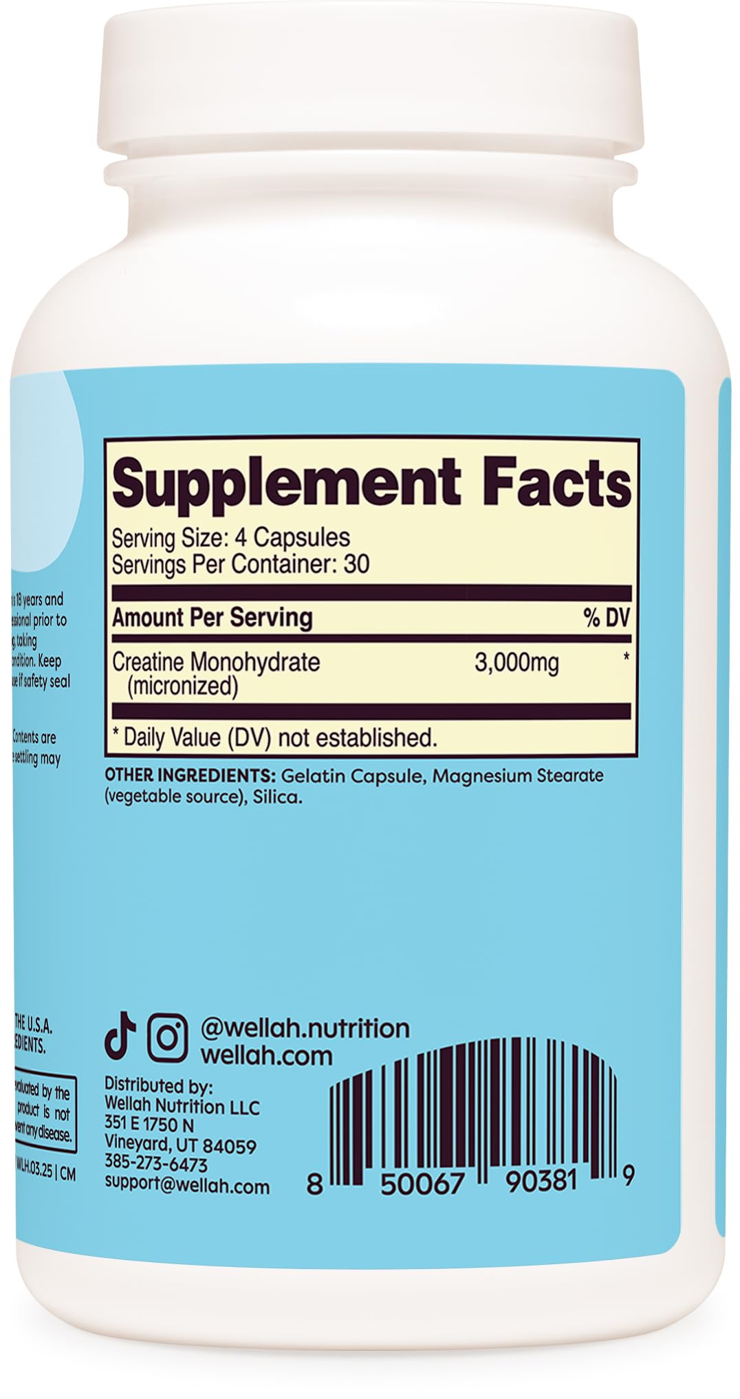 Wellah Creatine Monohydrate Capsules (3000 mg) - 120 Capsules | Micronized Creatine, 30 Servings