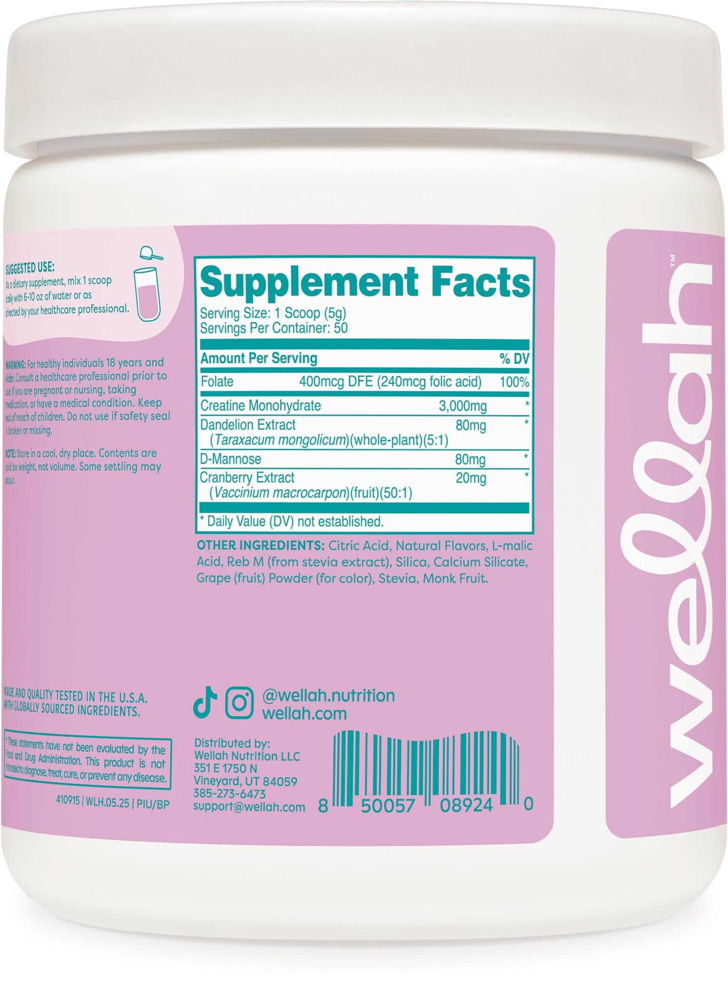 Wellah Creatine for Women - 50 Servings (Blueberry Pomegranate) | Creatine Monohydrate with Dandelion & Cranberry Extract