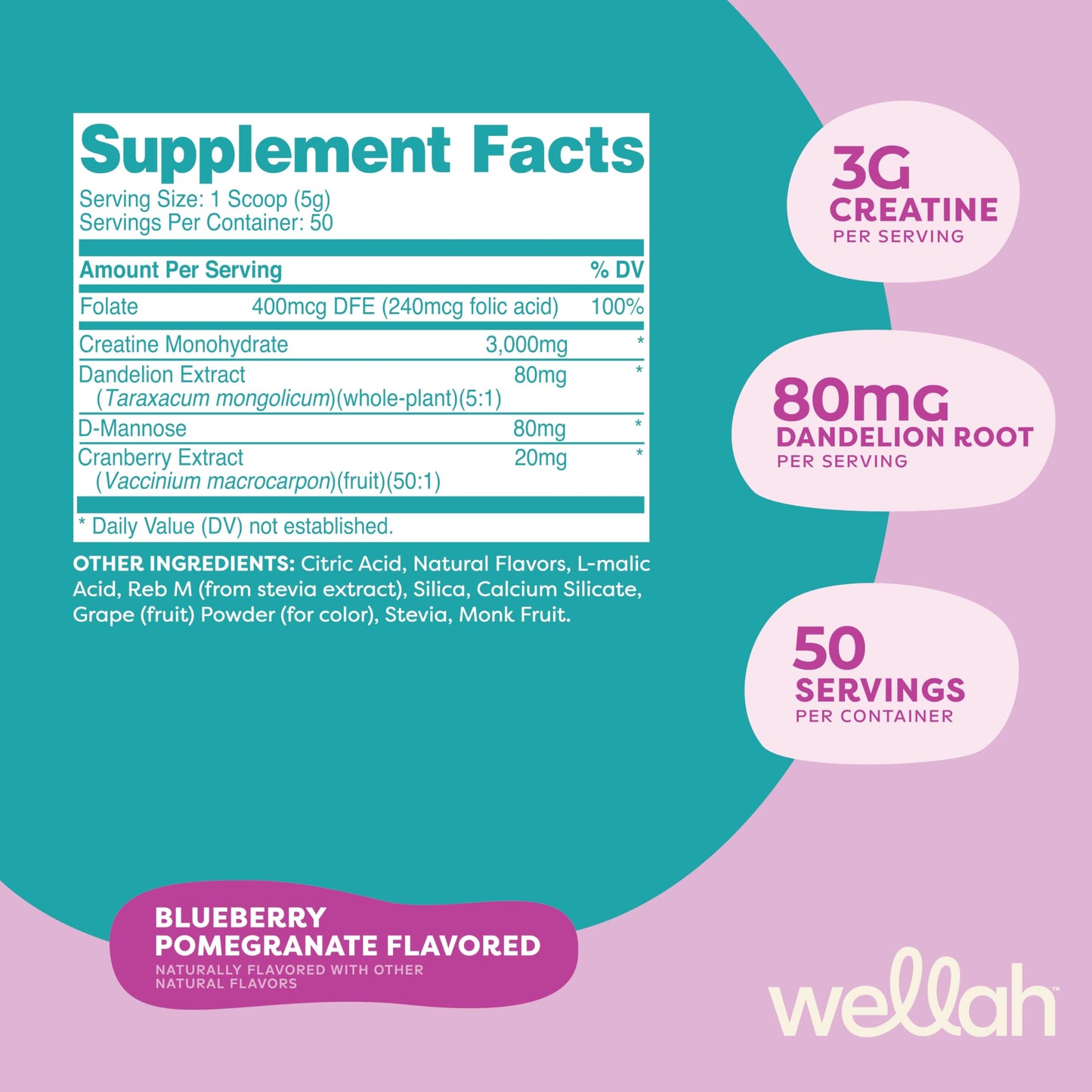 Wellah Creatine for Women - 50 Servings (Blueberry Pomegranate) | Creatine Monohydrate with Dandelion & Cranberry Extract