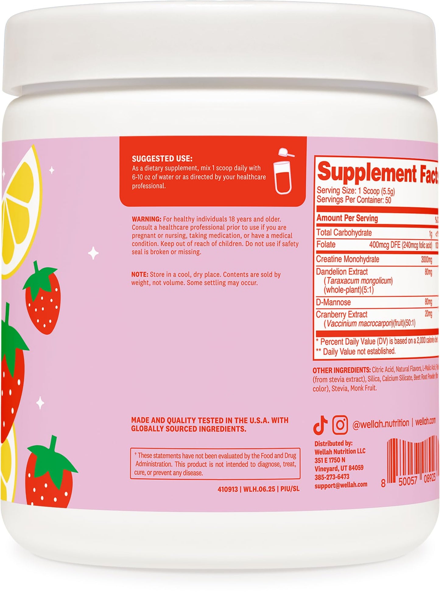 Wellah Creatine for Women – 50 Servings, Strawberry Lemonade | Creatine Monohydrate + Dandelion & Cranberry