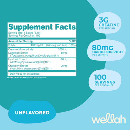 Wellah Creatine for Women - 100 Servings Unflavored | Creatine Monohydrate with Dandelion & Cranberry Extract