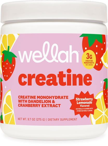 Wellah Creatine for Women – 50 Servings, Strawberry Lemonade | Creatine Monohydrate + Dandelion & Cranberry
