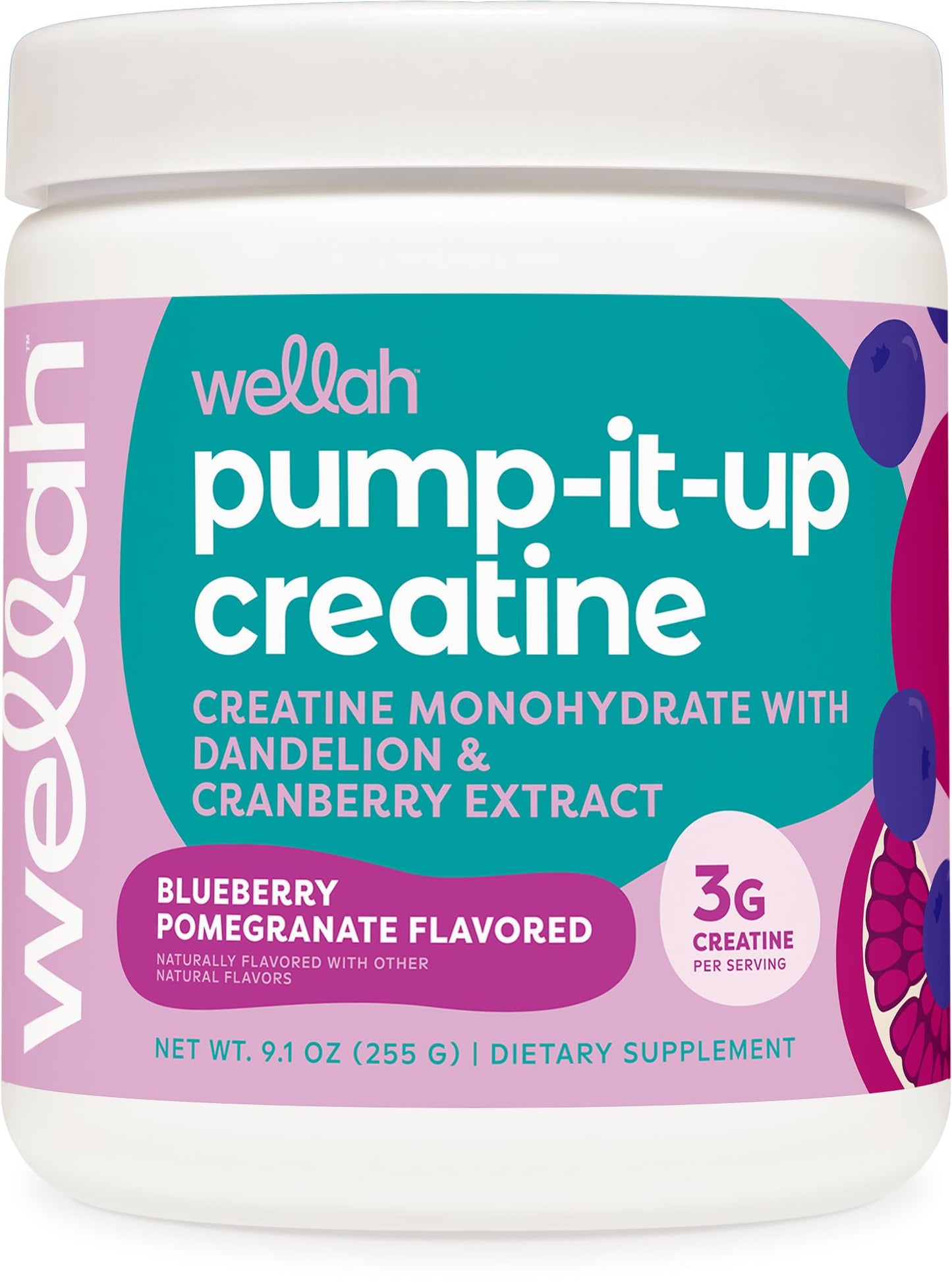 Wellah Creatine for Women - 50 Servings (Blueberry Pomegranate) | Creatine Monohydrate with Dandelion & Cranberry Extract