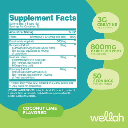 Wellah Creatine for Women - Coconut Lime, 50 Servings | Creatine Monohydrate