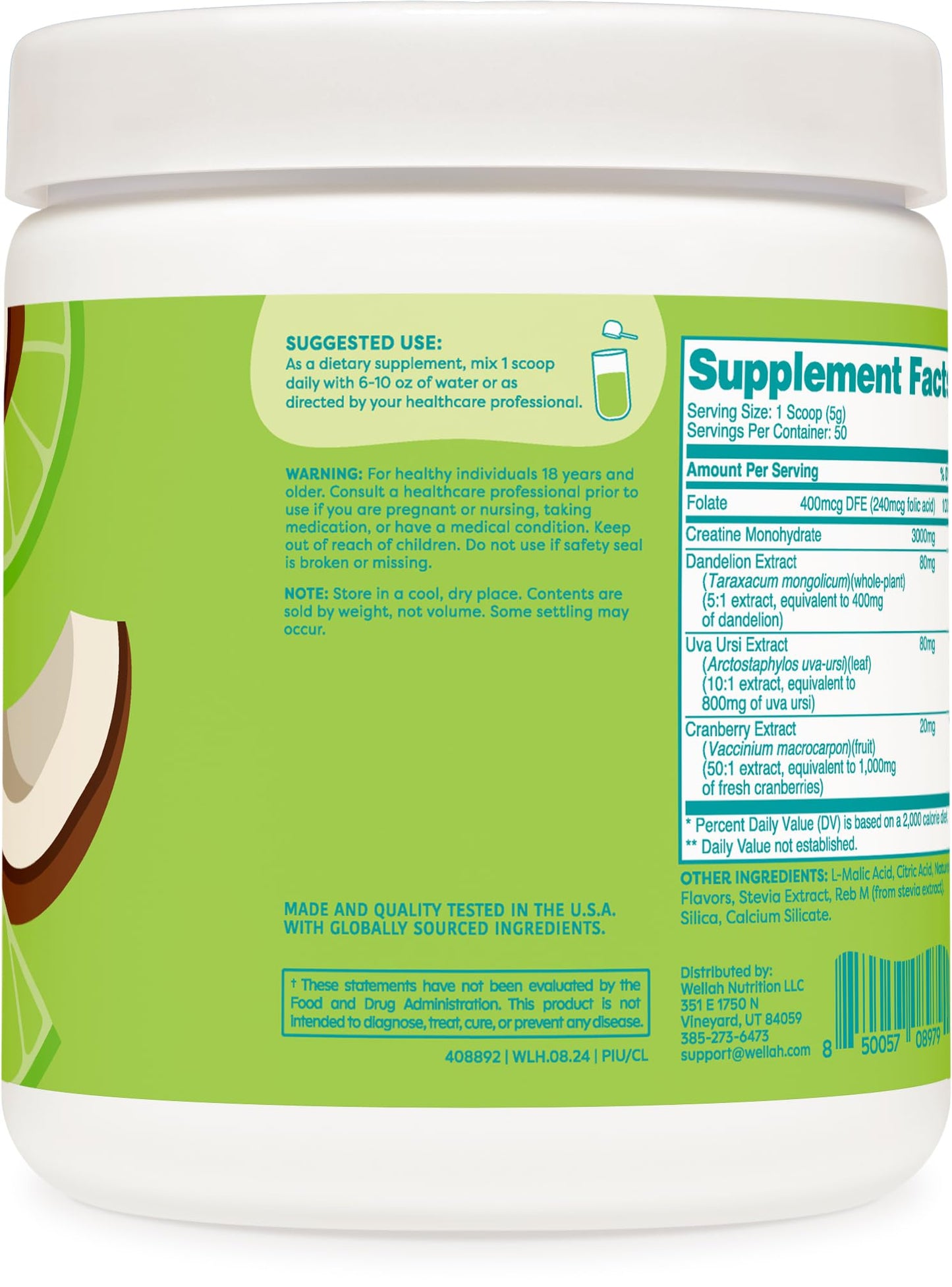 Wellah Creatine for Women - Coconut Lime, 50 Servings | Creatine Monohydrate