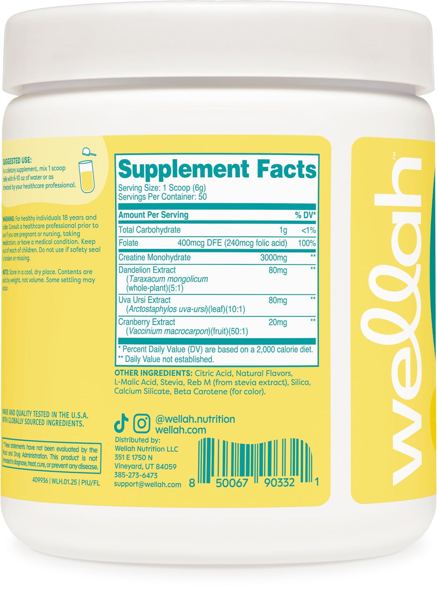 Wellah Creatine for Women – 50 Servings, Frozen Lemonade | Creatine Monohydrate + Dandelion & Cranberry