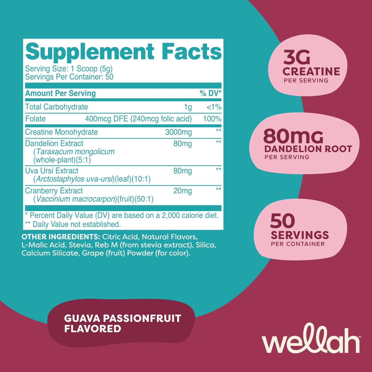 Wellah Creatine for Women (50 Servings, Guava Passionfruit) - Creatine Monohydrate with Dandelion & Cranberry Extract