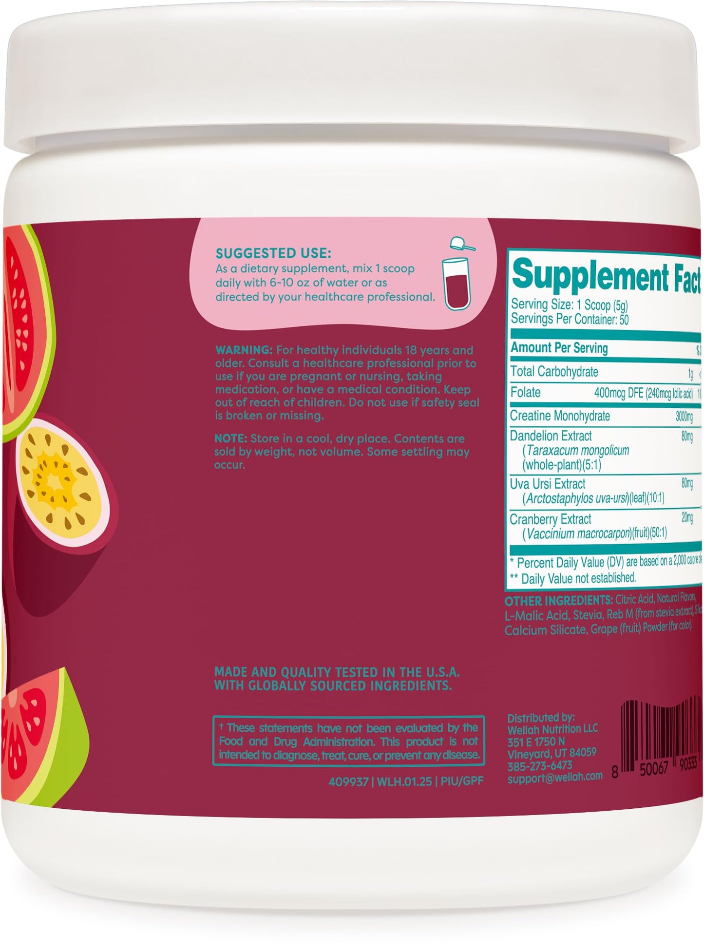 Wellah Creatine for Women (50 Servings, Guava Passionfruit) - Creatine Monohydrate with Dandelion & Cranberry Extract