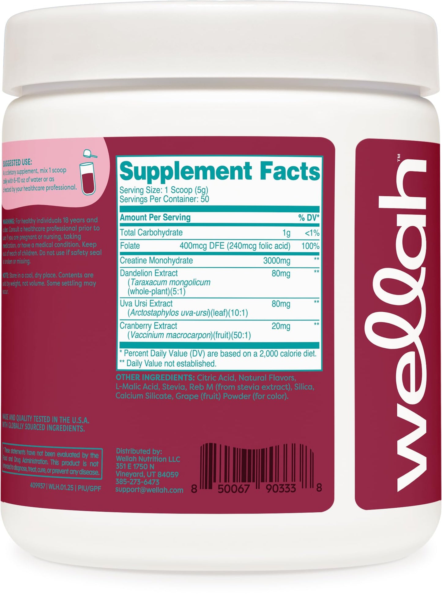 Wellah Creatine for Women (50 Servings, Guava Passionfruit) - Creatine Monohydrate with Dandelion & Cranberry Extract