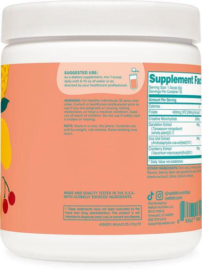 Wellah Creatine for Women (50 Servings) – Creatine Monohydrate with Dandelion & Cranberry Extract | Tropical Punch