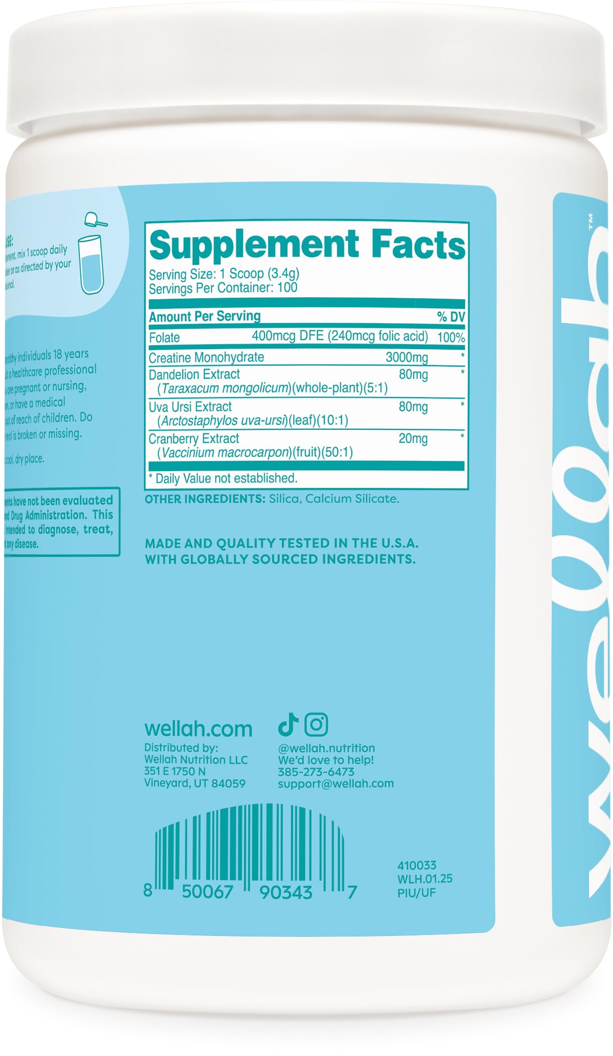 Wellah Creatine for Women - 100 Servings Unflavored | Creatine Monohydrate with Dandelion & Cranberry Extract