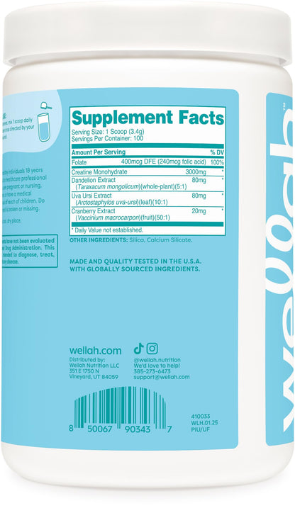 Wellah Creatine for Women - 100 Servings Unflavored | Creatine Monohydrate with Dandelion & Cranberry Extract