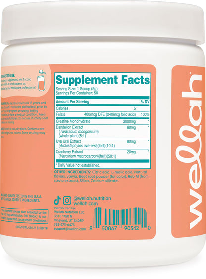 Wellah Creatine for Women (50 Servings) – Creatine Monohydrate with Dandelion & Cranberry Extract | Tropical Punch