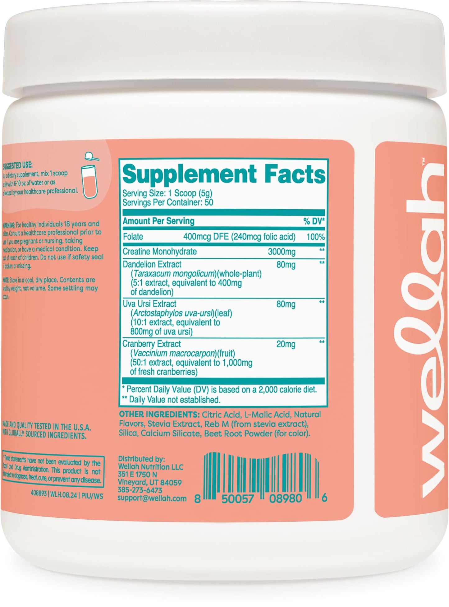 Wellah Creatine for Women (50 Servings, Watermelon Slush) – Creatine Monohydrate with Dandelion & Cranberry Extract