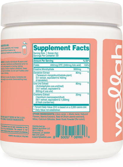 Wellah Creatine for Women (50 Servings, Watermelon Slush) – Creatine Monohydrate with Dandelion & Cranberry Extract