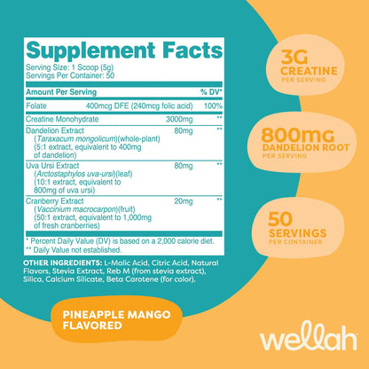 Wellah Creatine for Women Pineapple Mango | 50 Servings | Creatine Monohydrate with Dandelion & Cranberry