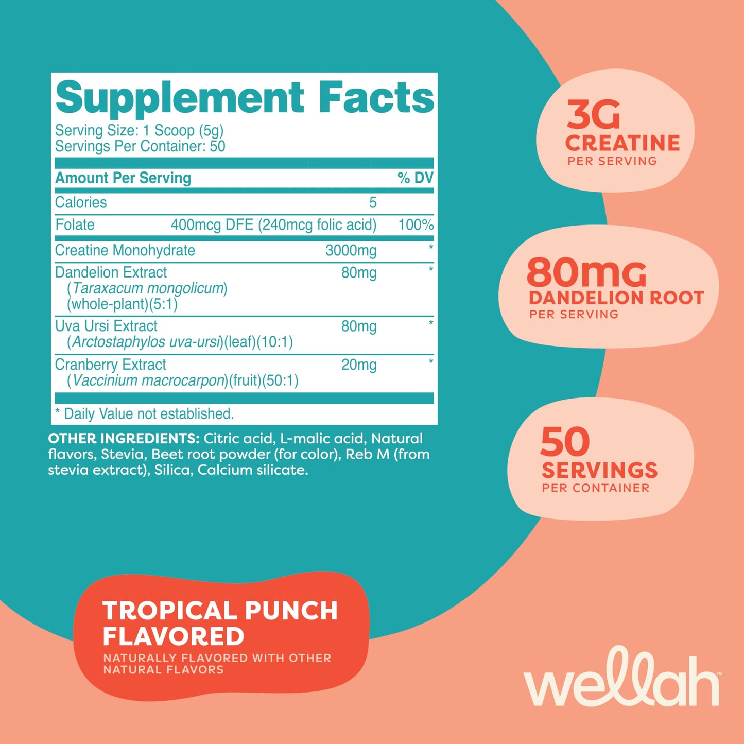 Wellah Creatine for Women (50 Servings) – Creatine Monohydrate with Dandelion & Cranberry Extract | Tropical Punch