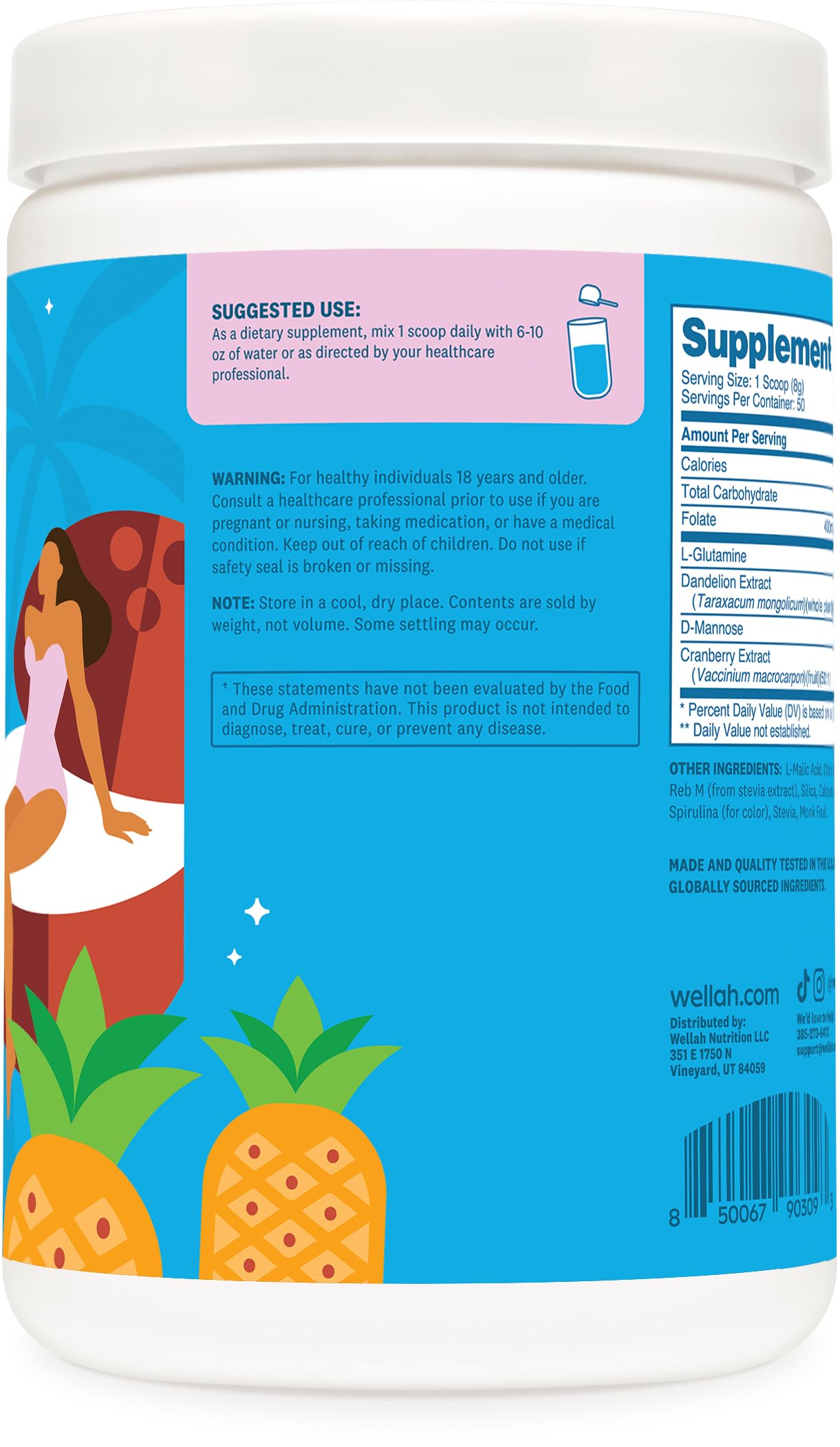 Wellah L-Glutamine Powder Blue Hawaii – 50 Servings (5g/serving) | Stevia