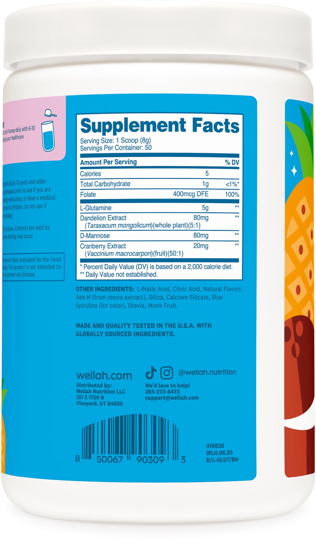 Wellah L-Glutamine Powder Blue Hawaii – 50 Servings (5g/serving) | Stevia