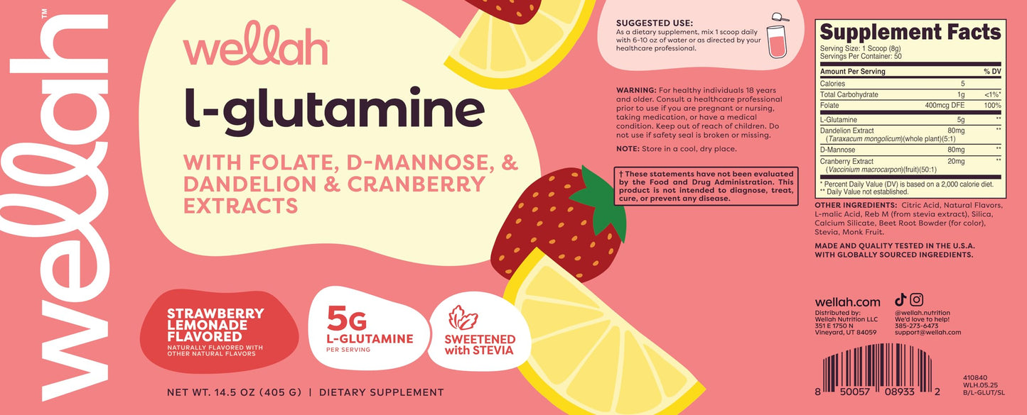 Wellah L-Glutamine Strawberry Lemonade – 50 Servings | 5g per Serving | Stevia-Sweetened