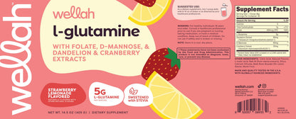 Wellah L-Glutamine Strawberry Lemonade – 50 Servings | 5g per Serving | Stevia-Sweetened