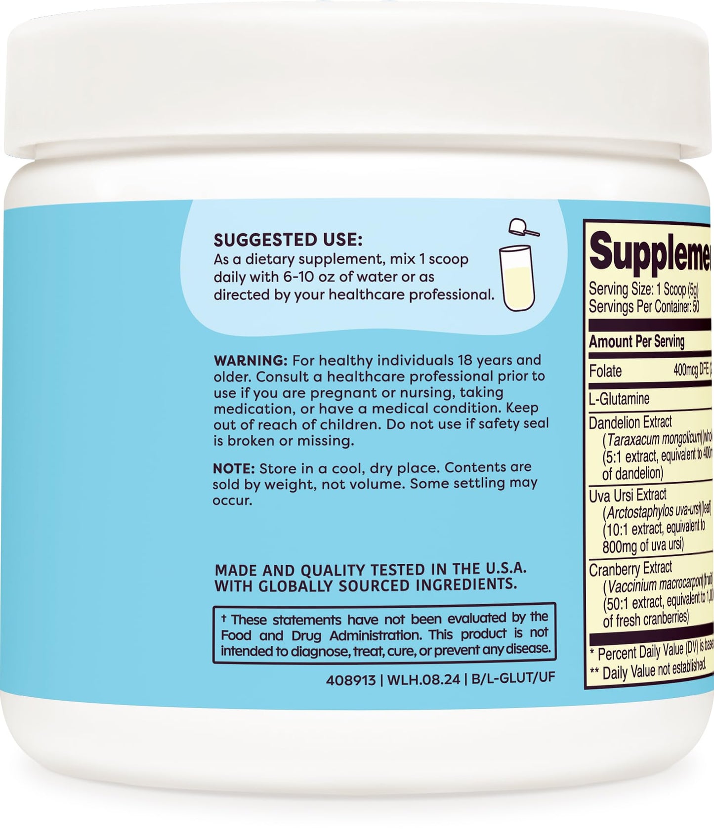 Wellah L-Glutamine Powder Unflavored (50 Servings) - 5g per Serving, Stevia-Sweetened