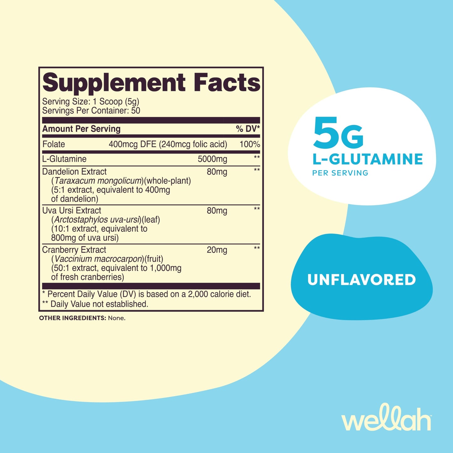 Wellah L-Glutamine Powder Unflavored (50 Servings) - 5g per Serving, Stevia-Sweetened