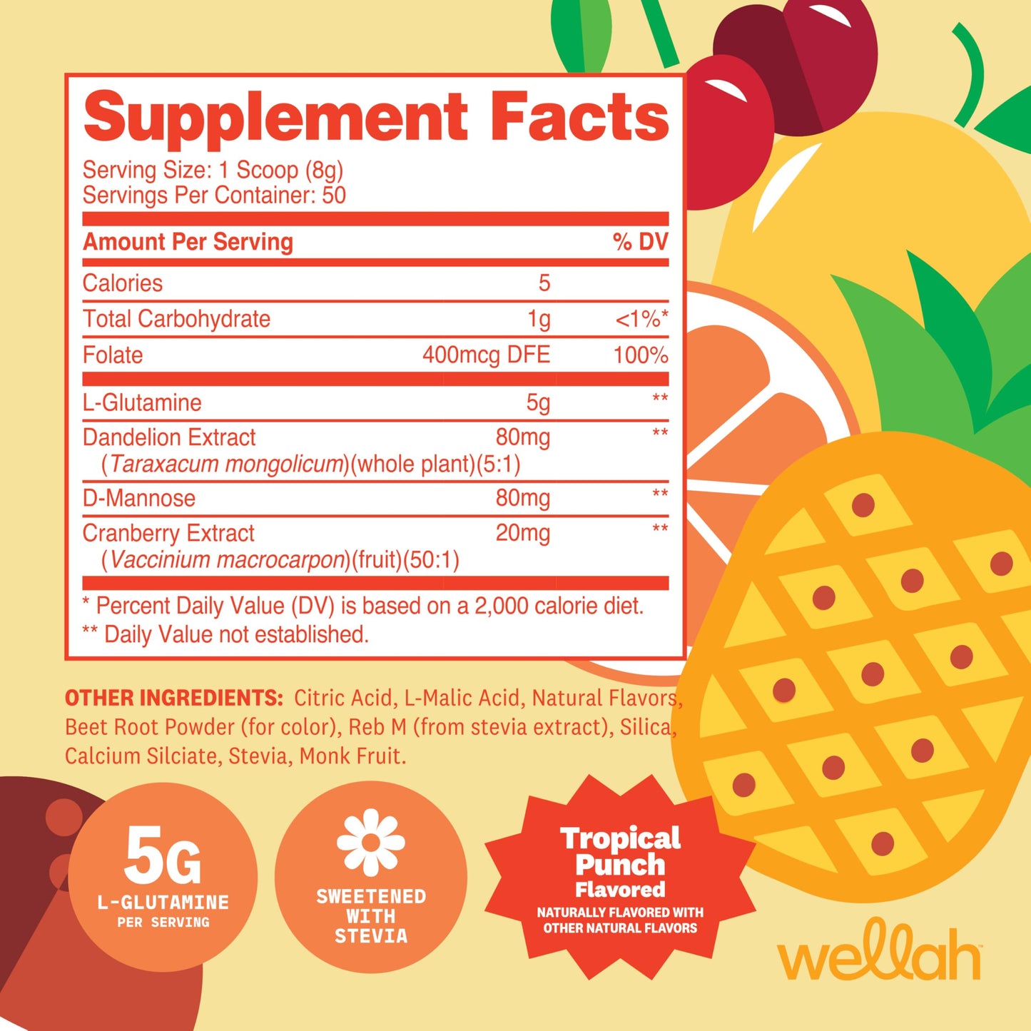 Wellah L-Glutamine Powder Tropical Punch – 50 Servings | 5g per Serving, Stevia