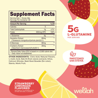 Wellah L-Glutamine Strawberry Lemonade – 50 Servings | 5g per Serving | Stevia-Sweetened