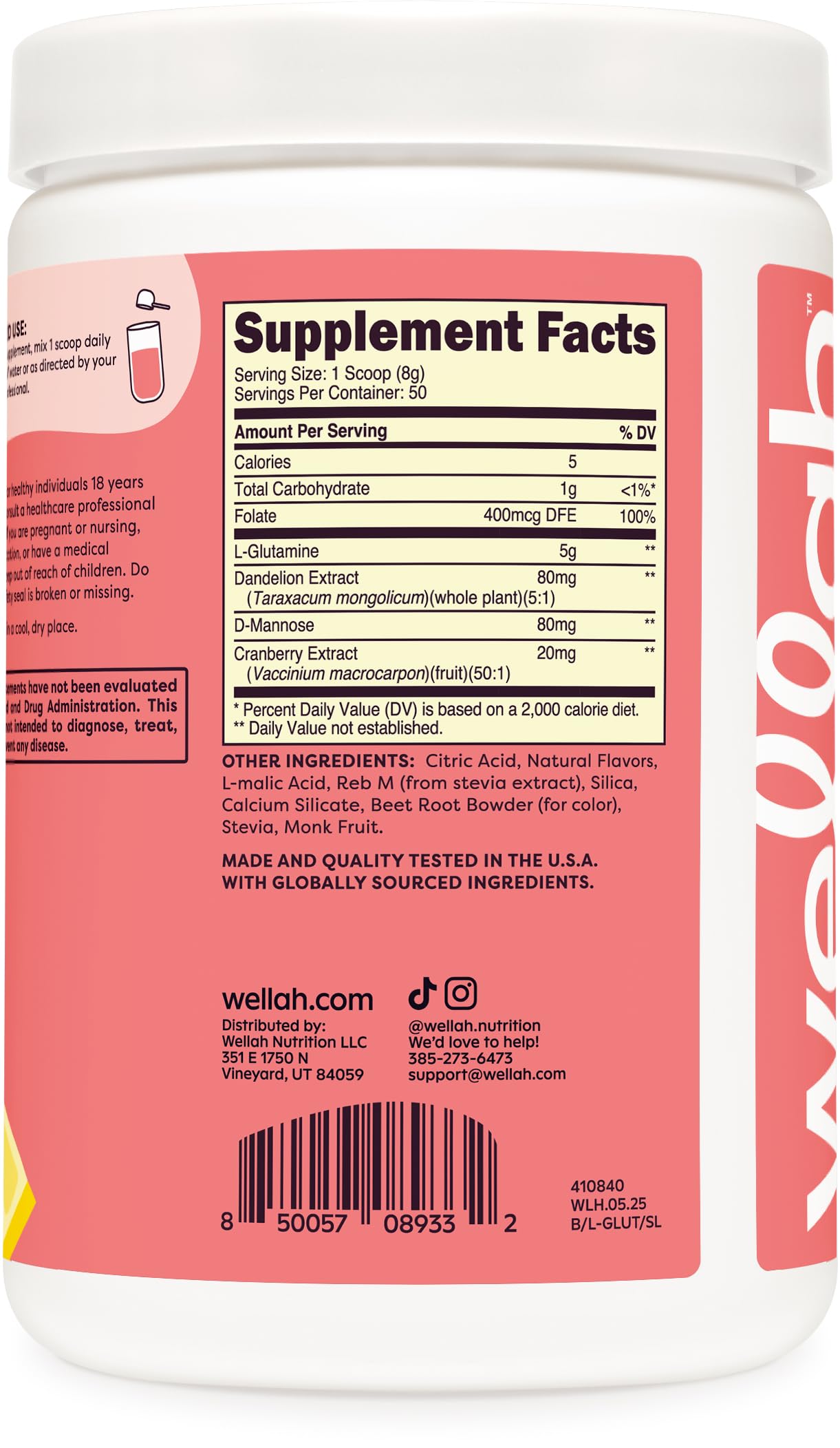 Wellah L-Glutamine Strawberry Lemonade – 50 Servings | 5g per Serving | Stevia-Sweetened