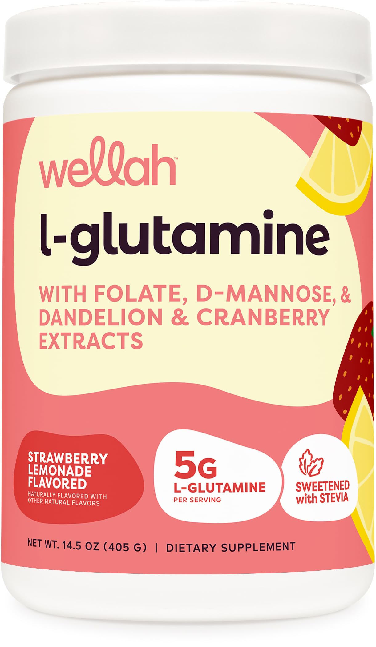 Wellah L-Glutamine Strawberry Lemonade – 50 Servings | 5g per Serving | Stevia-Sweetened