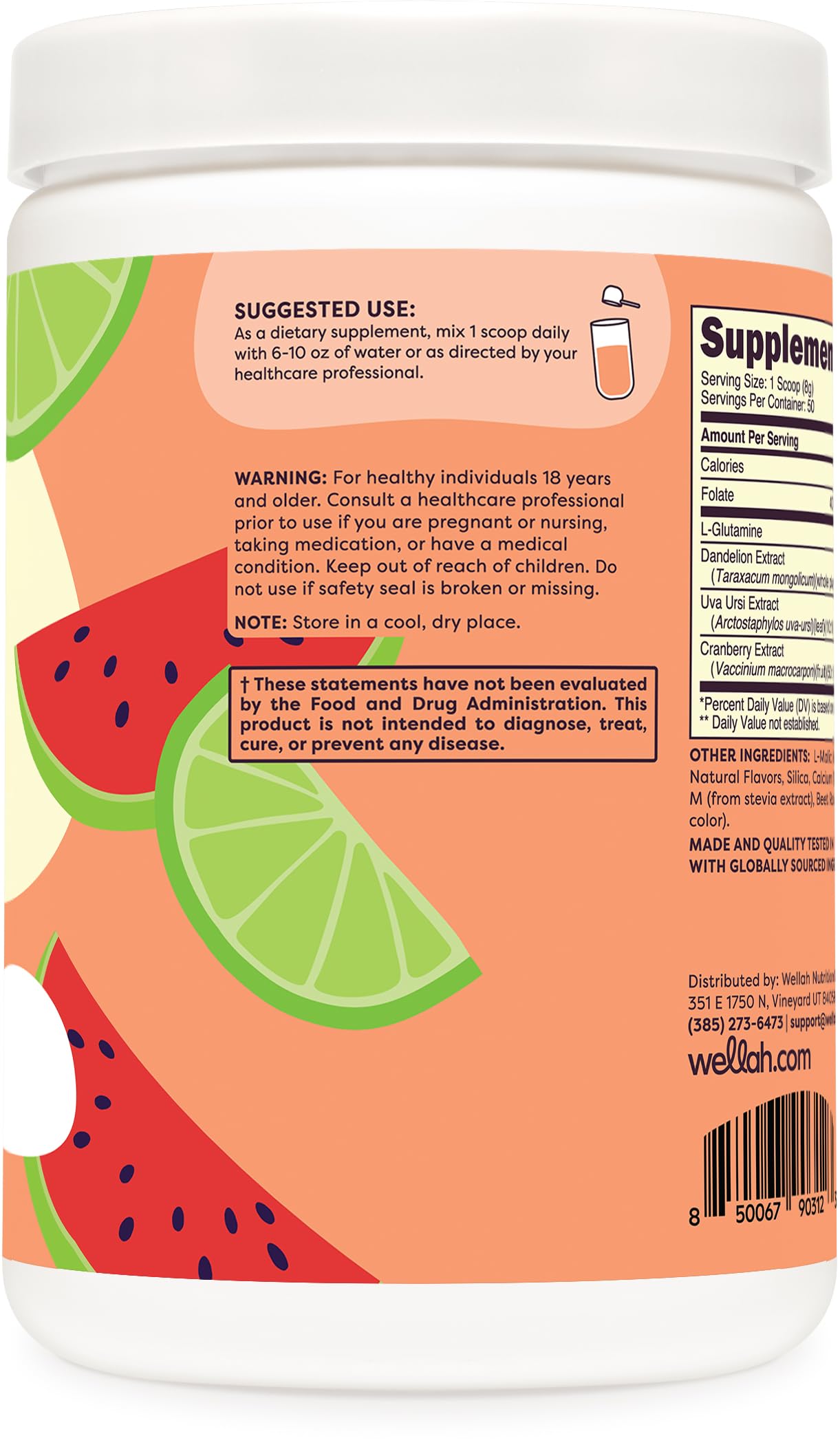 Wellah L-Glutamine Powder Watermelon Lime 50 Servings (5g per Serving)