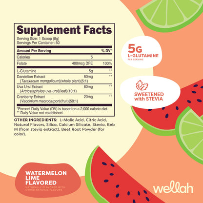 Wellah L-Glutamine Powder Watermelon Lime 50 Servings (5g per Serving)