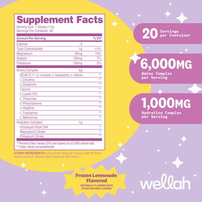 Wellah So Long Soreness BCAA Powder - Frozen Lemonade (30 Servings) with Hydration Complex