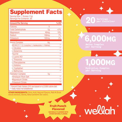 Wellah So Long Soreness BCAA Powder (Fruit Punch Flavored) 30 Servings – with Hydration Complex
